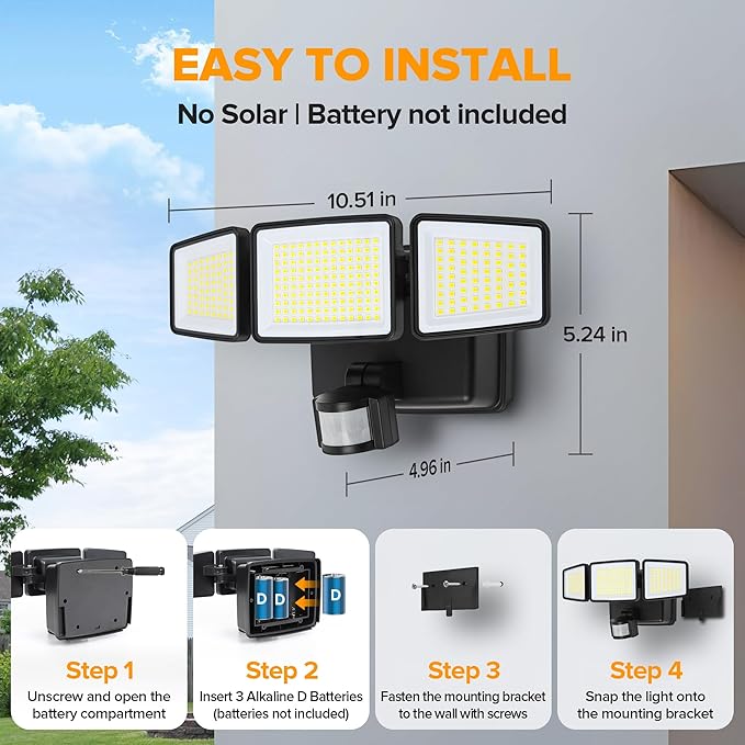 UME Battery Powered Motion Sensor Outdoor Lights 302 LED 1800LM, IP65 - Image 6