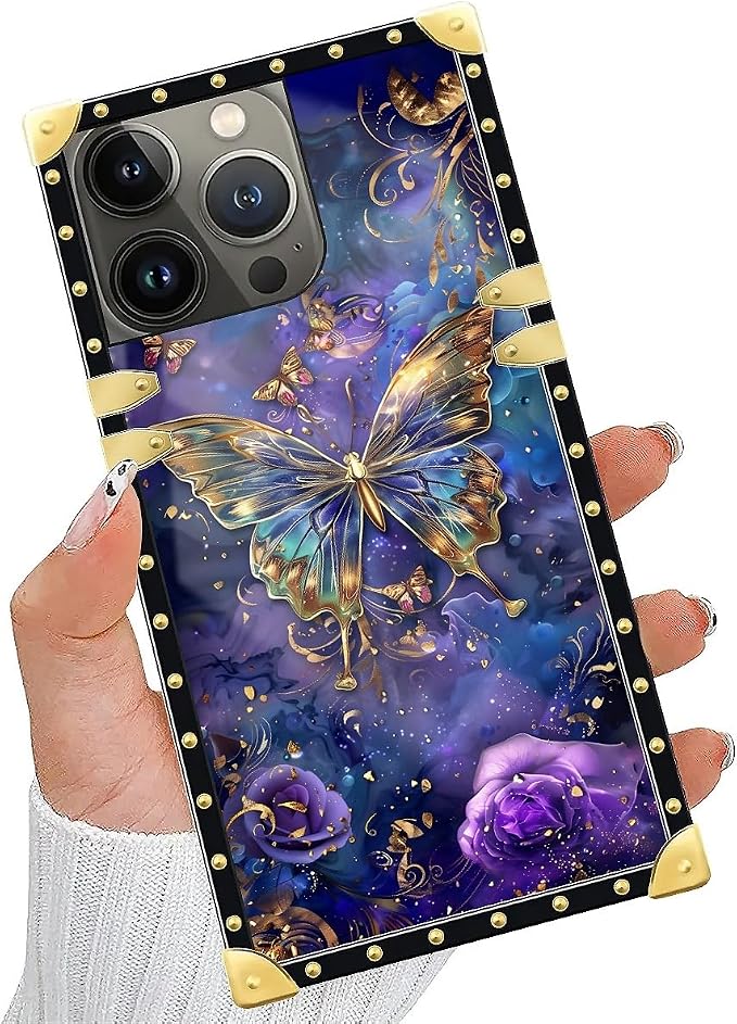 Compatible with iPhone 14 Pro Case, Glistening Golden Butterfly Vibrant Purple - Image 6