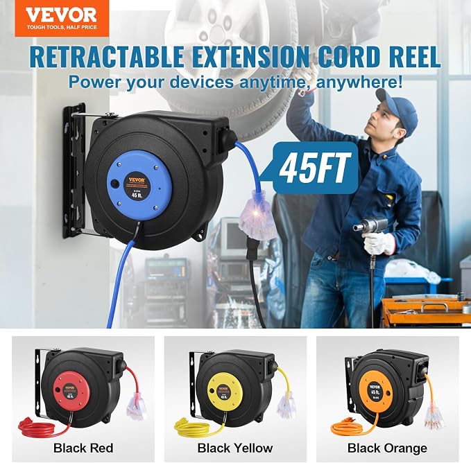 VEVOR Retractable Extension Cord Reel, 45 FT, Heavy Duty 12AWG/3C SJTOW - Image 2