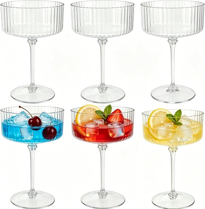 PLULON 6 Pcs Clear Martini Glasses Set 10 Oz Plastic Ribbed Coupe Glass by PLULON