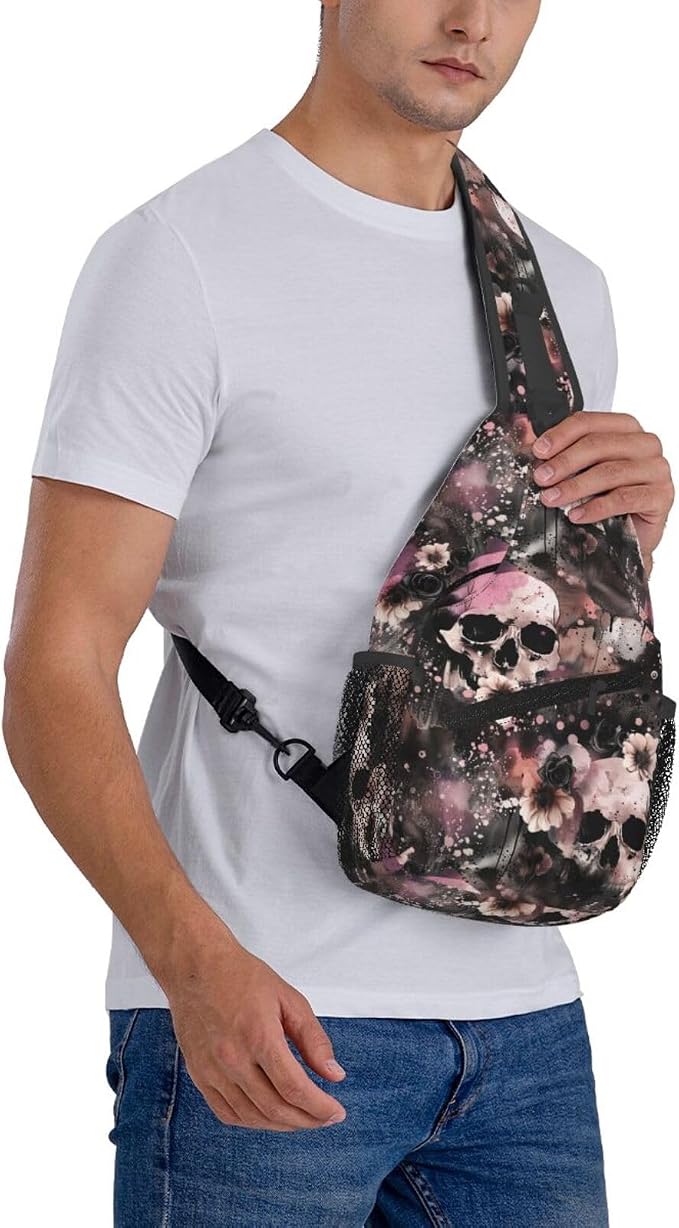 Flowers And Skulls Sling Bag For Women Men Halloween Backpack Crossbody Skull - Image 8