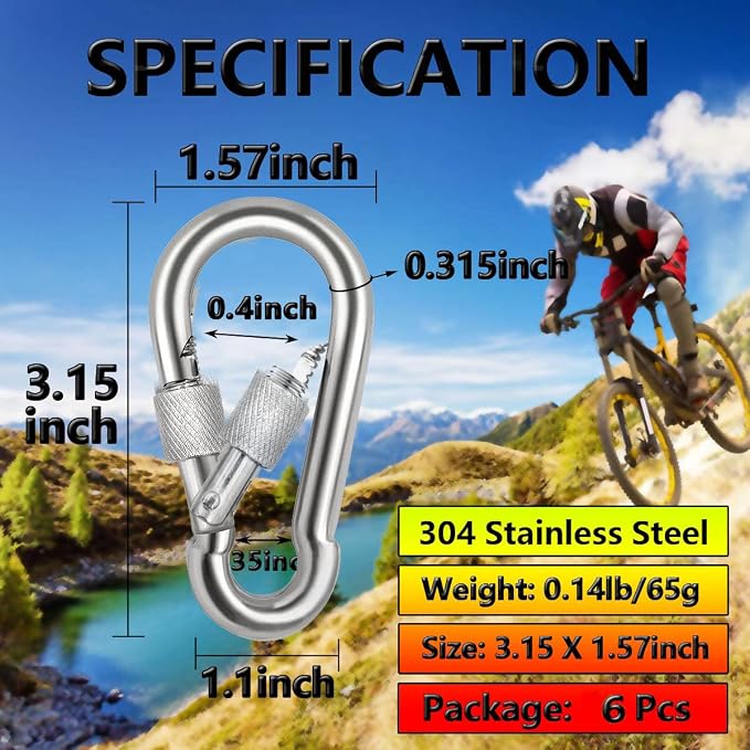 Locking Carabiner Clips, Stainless Steel Spring Snap Hook Locking Carabiner - Image 3