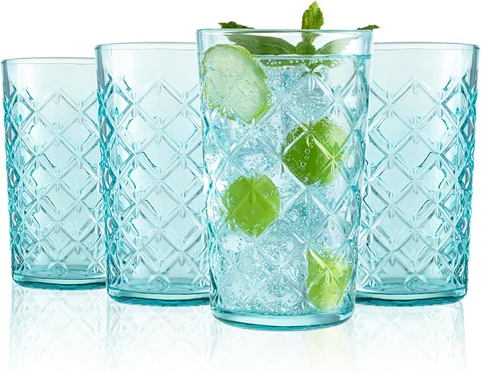 CREATIVELAND Drinking Highball Glasses Set of 4, Vintage Cross Hatch Glass Cups by CREATIVELAND