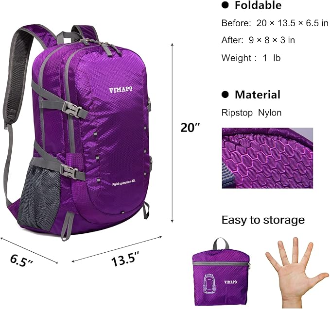 Packable Lightweight Backpack 40L, Ripstop Nylon Foldable Traveling Daypack - Image 2