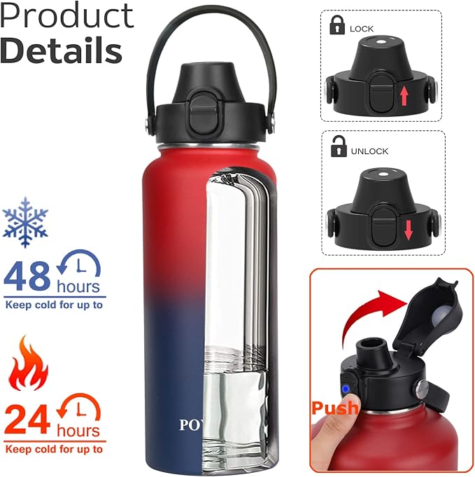 Water Bottle Insulated 32oz 40oz 64oz 128oz Straw Lid Spout Lid & 3 Lids - Image 2
