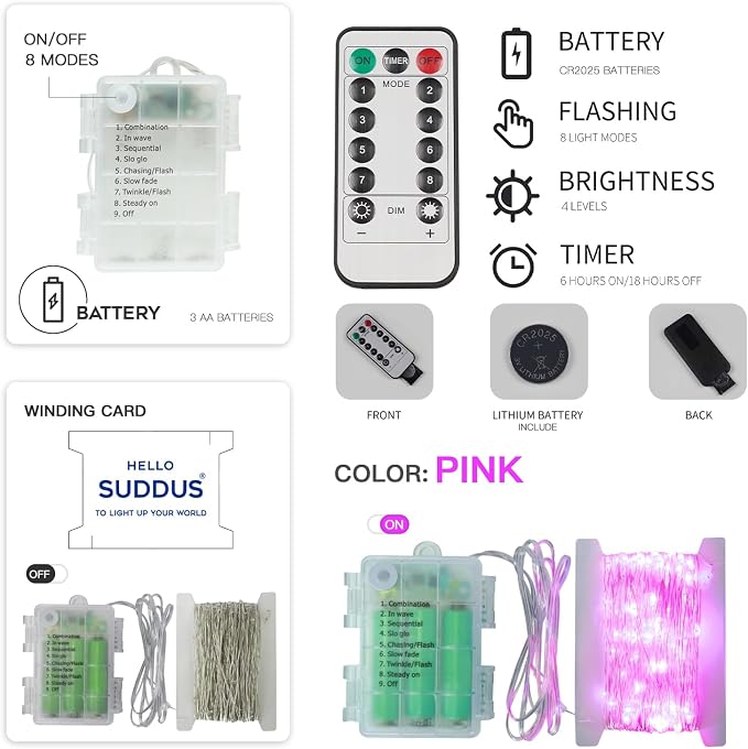 suddus Pink Fairy Lights Battery Operated Outdoor Waterproof, 33ft 100 Led - Image 8