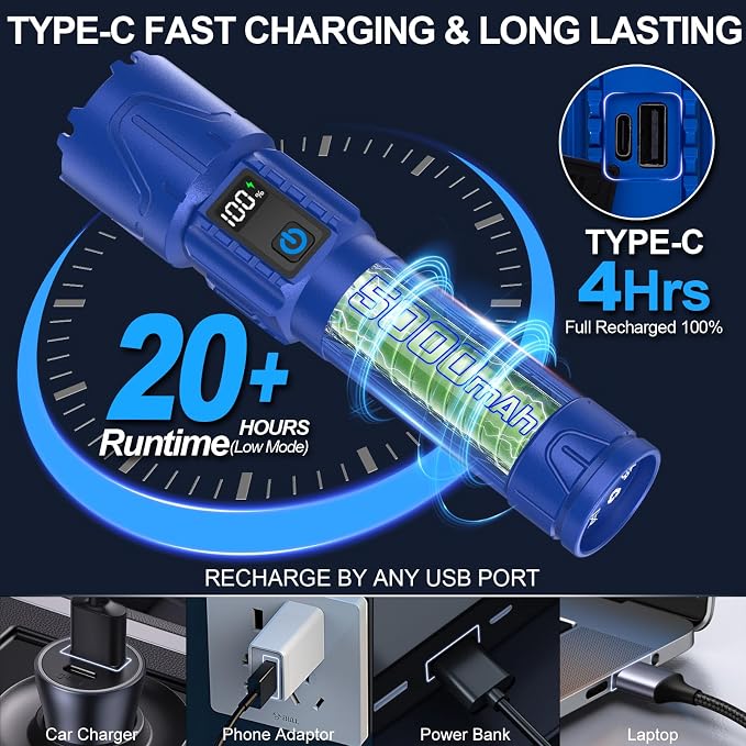 Rechargeable Tactical Flashlights 2000 High Lumens - 5000mAh Super Bright LED - Image 6