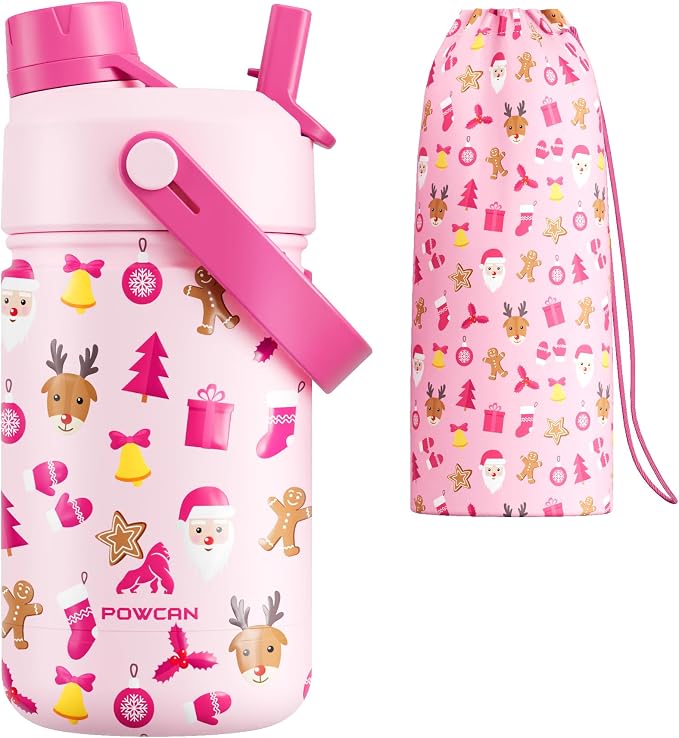 12 oz Christmas Kids Insulated Water Bottle: 2-in-1 Straw Spout Lid, Stainless by POWCAN