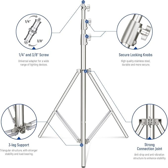 NEEWER 9.2ft/2.8m Stainless Steel Light Stand, Spring Cushioned Heavy Duty - Image 5