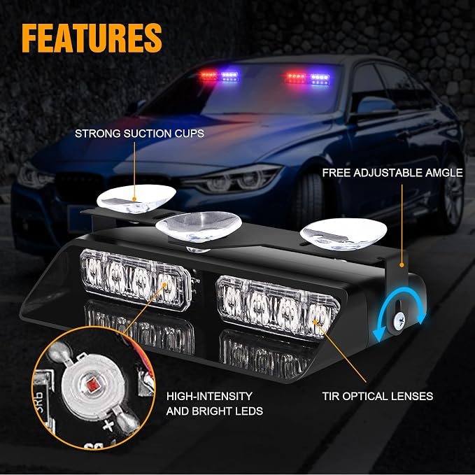 XRIDONSEN 2 in1 Dash Emergency Strobe Lights Interior Windshield Red Blue - Image 3
