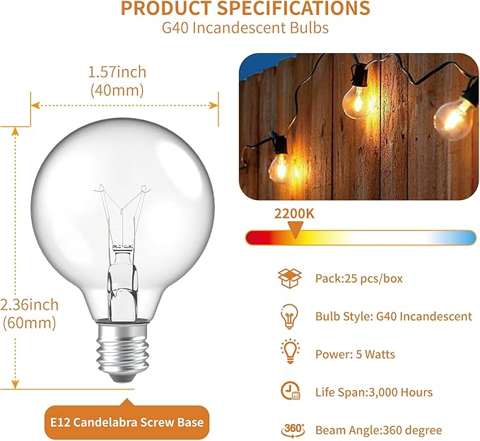 Meconard G40 Replacement Light Bulbs, E12 Candelabra Screw Base 5watt Dimmable - Image 2