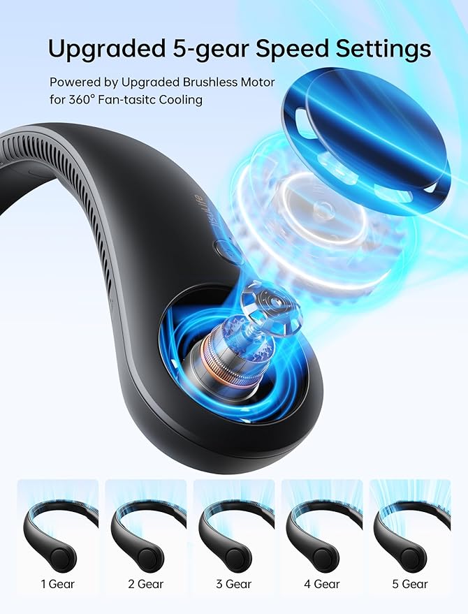JISULIFE Portable Neck Fan, Hands-Free Bladeless, 5 Speeds, 4000 mAh Battery - Image 3