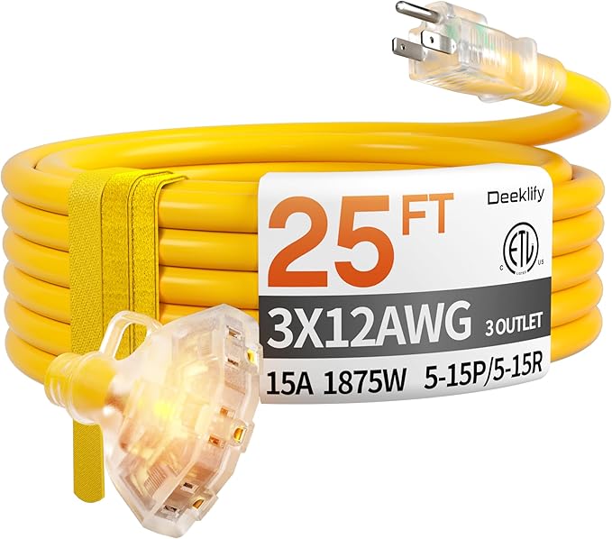 25 ft 12 Gauge Heavy Duty 3 Outlet Extension Cord Splitter by Deeklify