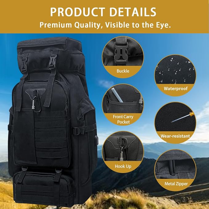 80L Camping Hiking Backpack, Large Military Tactical Backpack - Image 4