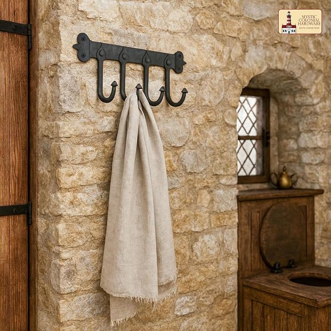 Mystic Colonial Medieval Rustic Hand-Forged Iron Wall Mounted Coat Rack | - Image 3
