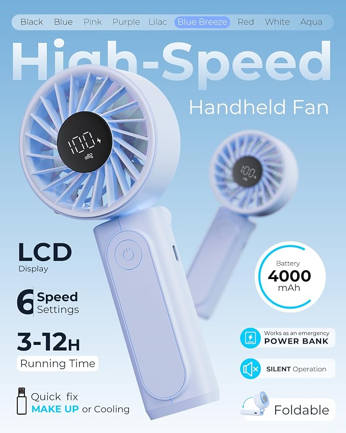 Peiyuu Portable Fan, 4000mAh Rechargeable, 180° Foldable Mini Desk Fan - Image 2