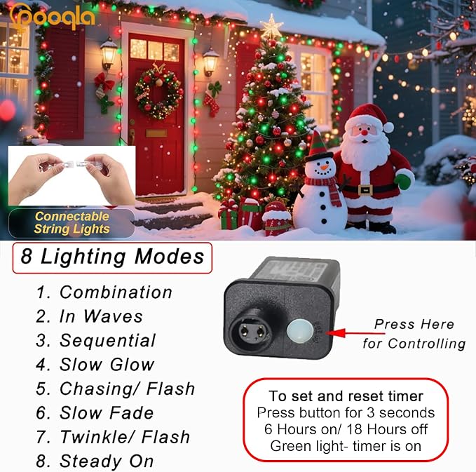 Red and Green Christmas String Lights, 66 ft 200 LED Christmas Lights Plug in - Image 2