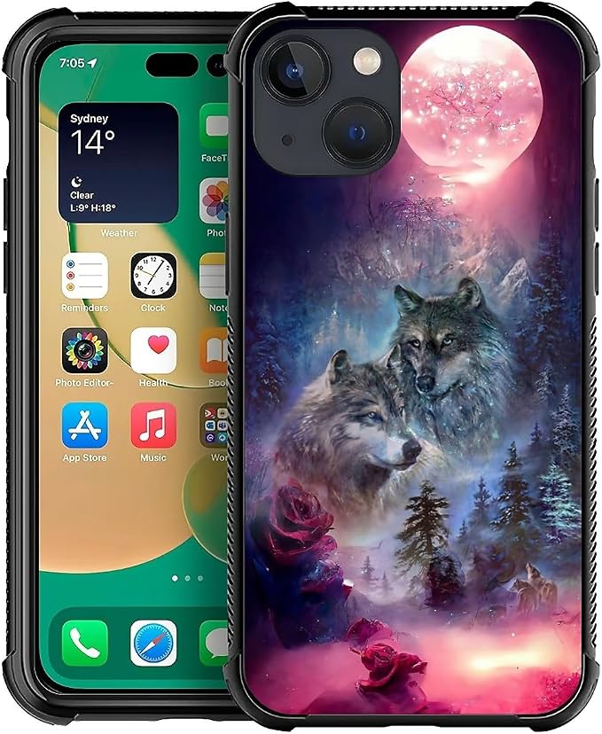 for iPhone 14 Case, Star Two Wolfs Howling Pattern Graphic Design Girl Boy Soft by FKBRCL4U