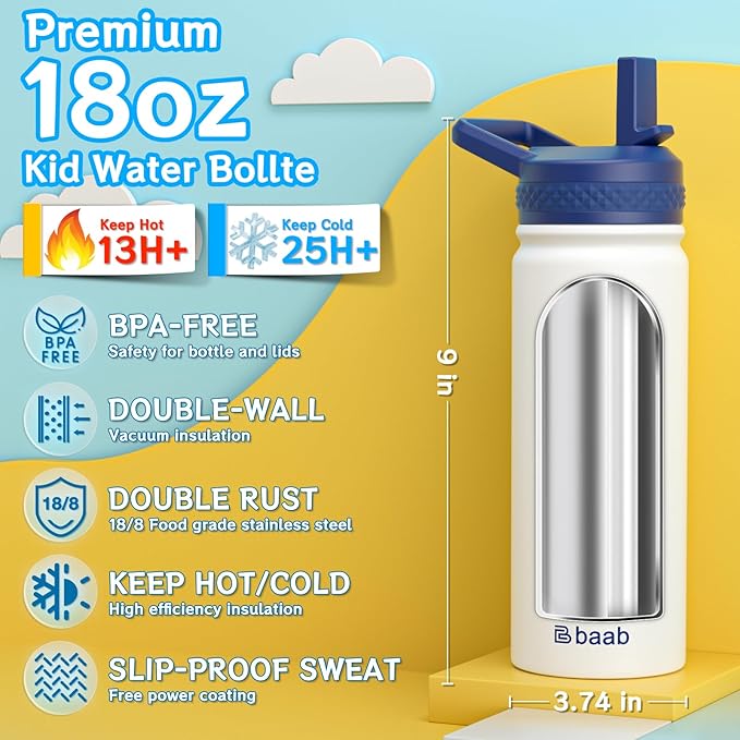 baab 18oz Kids Water Bottle, Insulated Water Bottle - Image 2