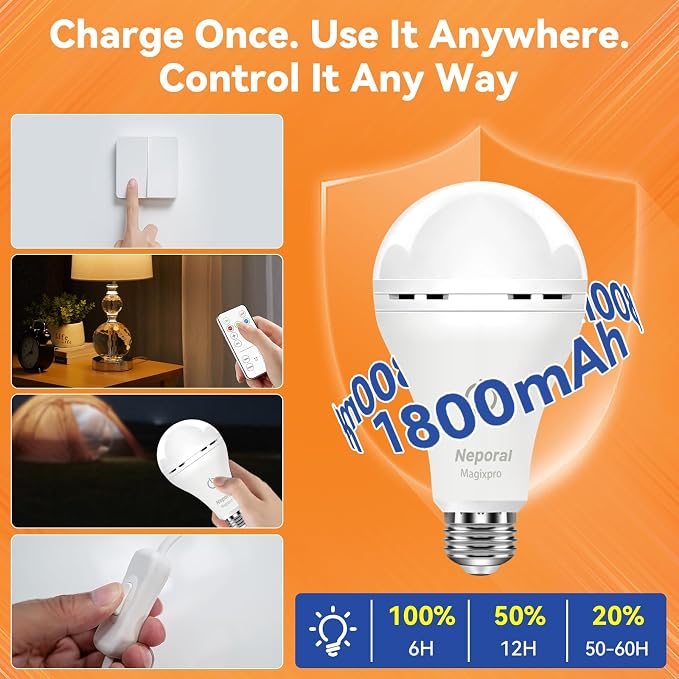 MagixPro Remote Rechargeable Light Bulbs, USB & Socket Charging, 1800mAh Battery - Image 6