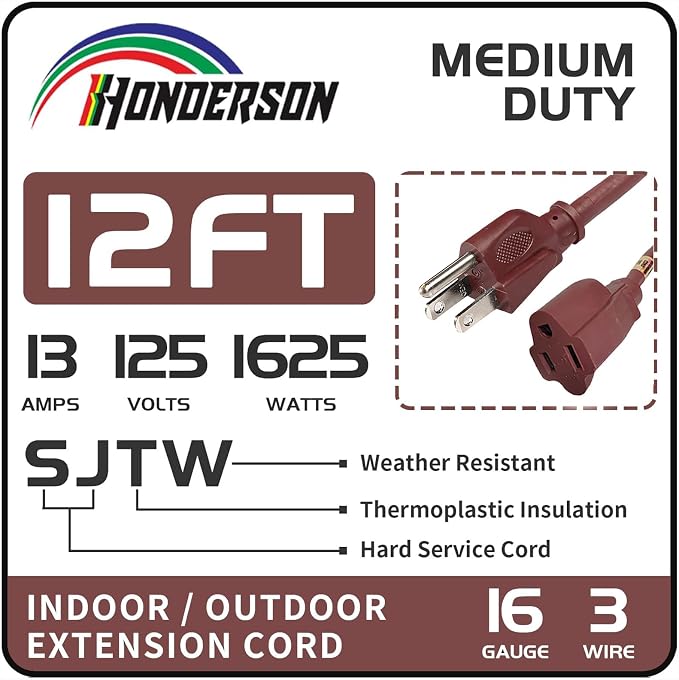 12FT Brown Outdoor Extension Cord-16/3 SJTW Durable Extension Cord - Image 2