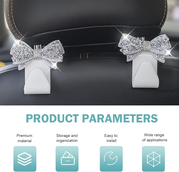 2 PCS Bling Bow Car Seat Headrest Hooks, Cute Rhinestone Bow Car Seat Back - Image 3