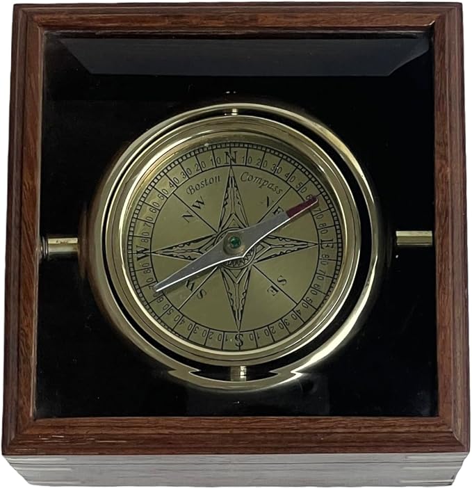 Brass Gimballed Compass in Wooden Box – Antique Nautical Decor & Functional - Image 2