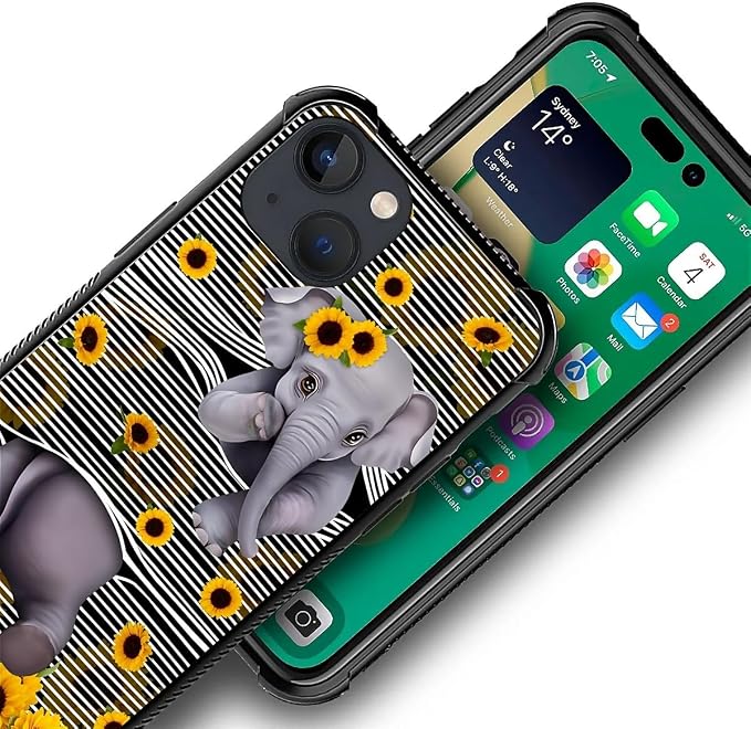 for iPhone 13 Case, Cute Little Elephant Sunflower White Line Art Pattern - Image 6