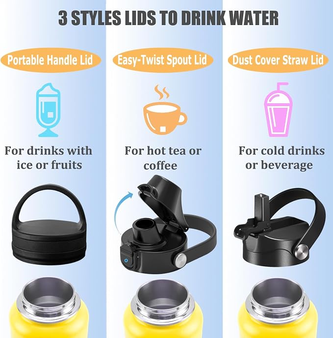 Water Bottle Insulated 32oz 40oz 64oz 128oz Straw Lid Spout Lid & 3 Lids - Image 5
