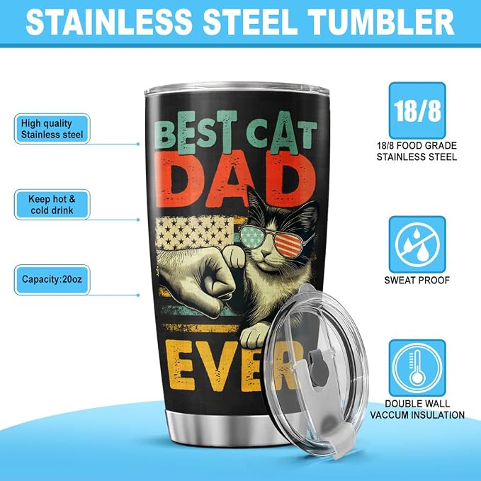 Best Cat Dad Ever 20oz Tumbler, Funny Fist Bump Design, Insulated Stainless - Image 7