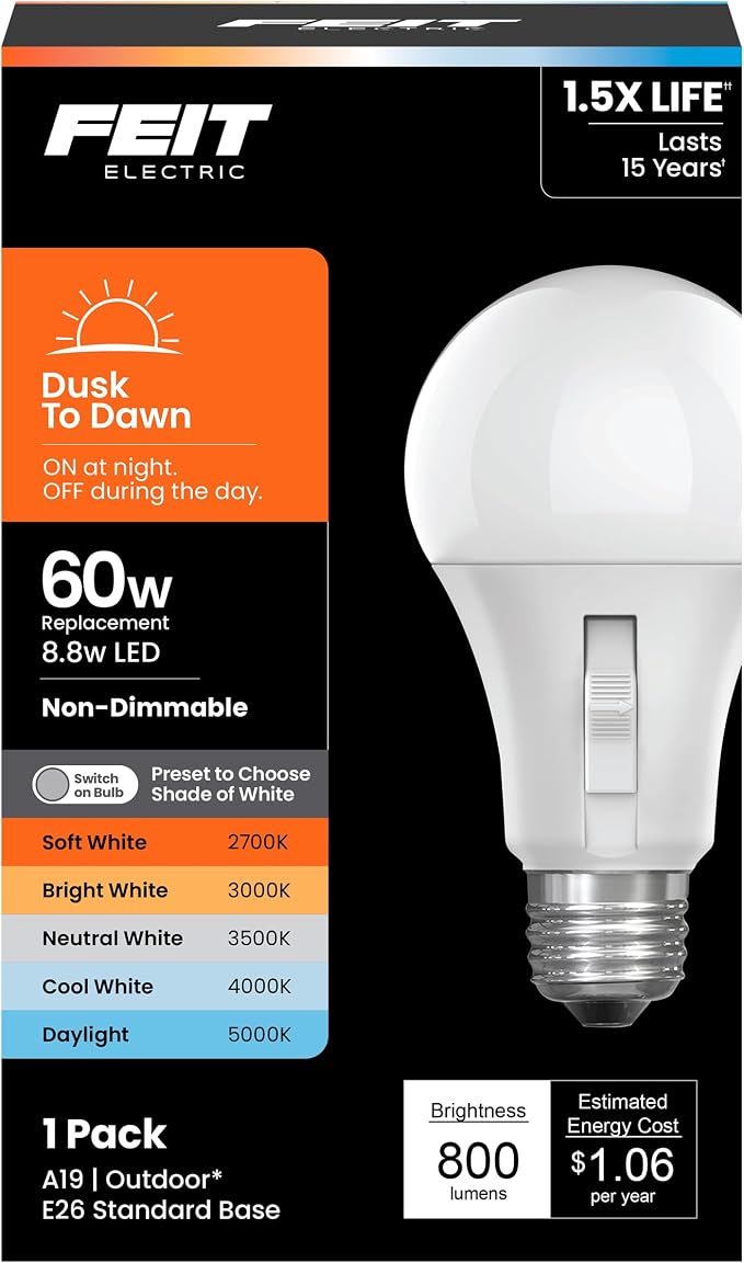 Feit Electric LED Dusk-to-Dawn Light Bulb, A19 60W Equivalent, Non-Dimmable by FeitElectricCompany