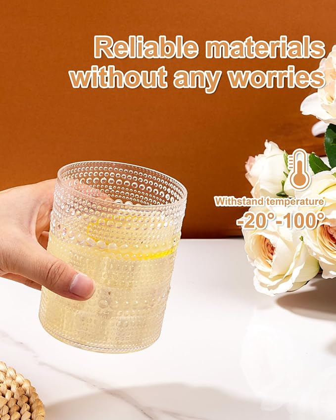 YOUBET 24PCS Plastic Hobnail Drinking Glasses - 14 Oz Clear Vintage Glasses - Image 4