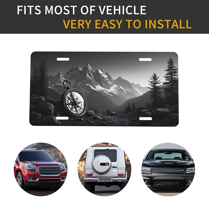 Mountain Compass License Plate Black White Adventure Design - Image 4