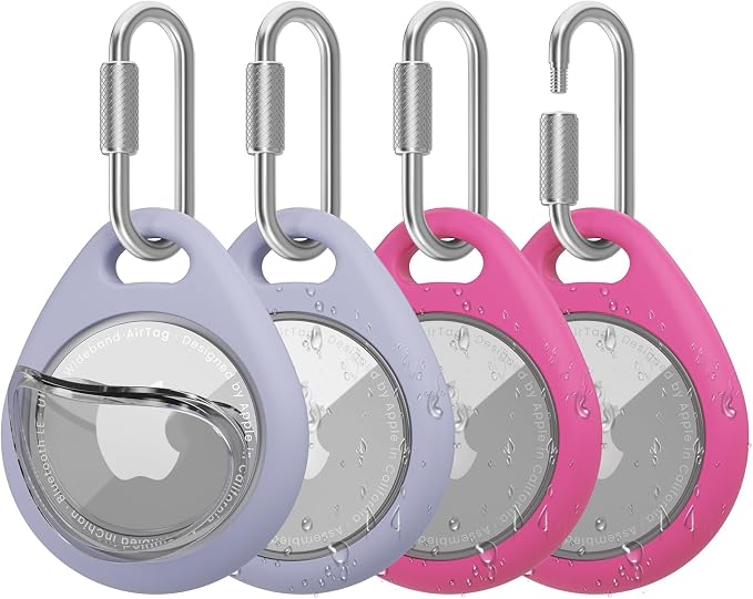 AirTag Holder with 304 Carabiner, 4 Pack IPX8 Waterproof Shockproof PC Hard Case by HOME
