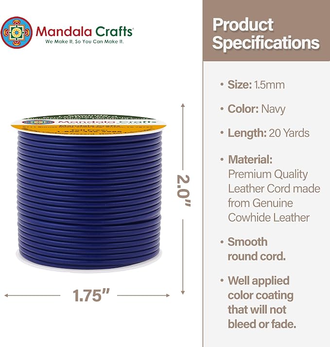 Mandala Crafts Round Genuine Navy Blue Leather Cord - Image 4