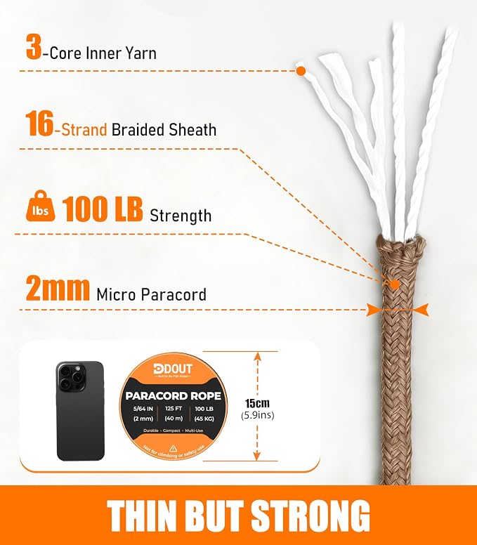 DDOUT 2mm Paracord 100lb, Thin Micro Paracord Rope, Tan 125FT Nylon Cord - Image 2
