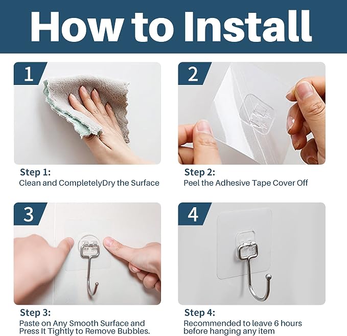 Antimbee 50 Pack Clear Adhesive Hooks, 37lb Heavy Duty Self Adhesive Hooks - Image 6