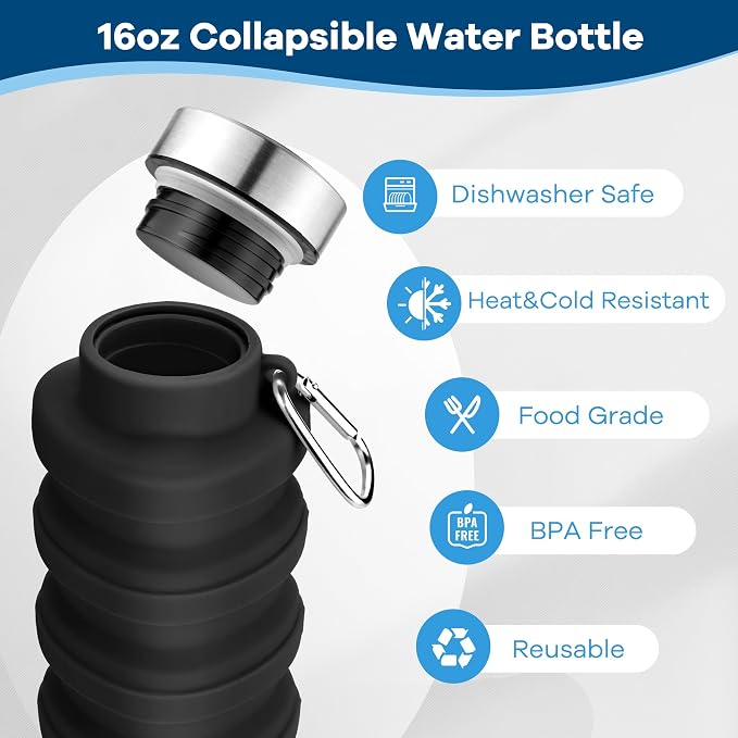 Collapsible Water Bottle, 17oz Reuseable BPA Free Silicone Foldable Water - Image 4