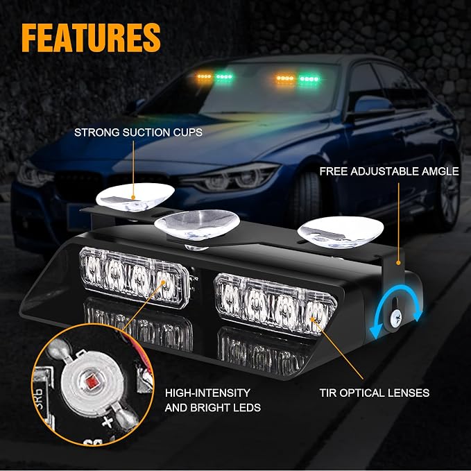 XRIDONSEN 2 in 1 Dash Emergency Strobe Lights Front/Rear Amber Green Windshield - Image 3