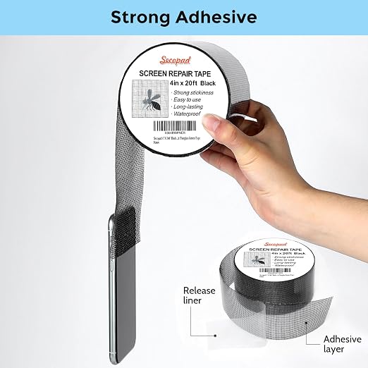Secopad Black Window Screen Repair Tape, 4 in X 20 FT Kit - Image 3
