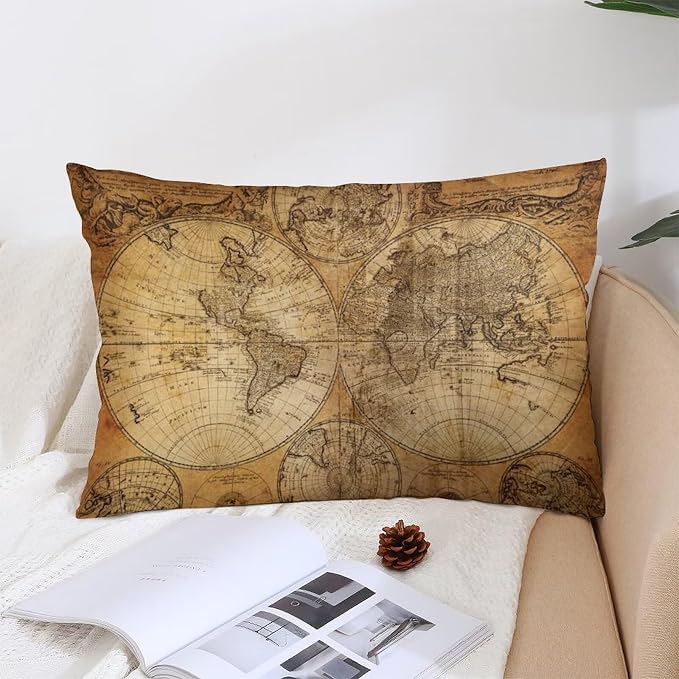 Vintage World Map Throw Pillow Covers Set of 2 Queen Size Old Paper Nostalgic - Image 4