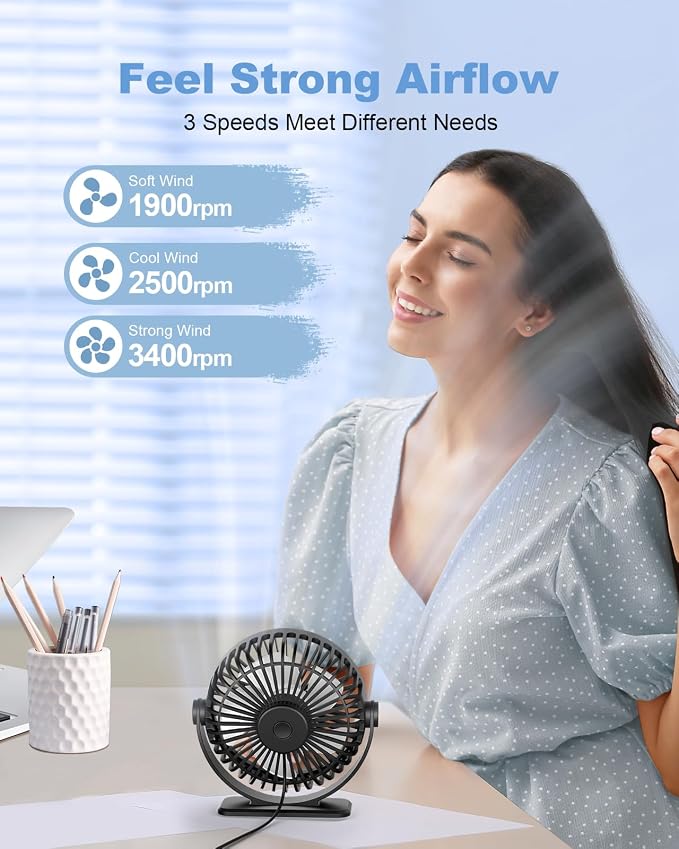 TriPole Desk Fan 2 Pack Black USB Powered Small Portable Fan, 3 Speeds - Image 3