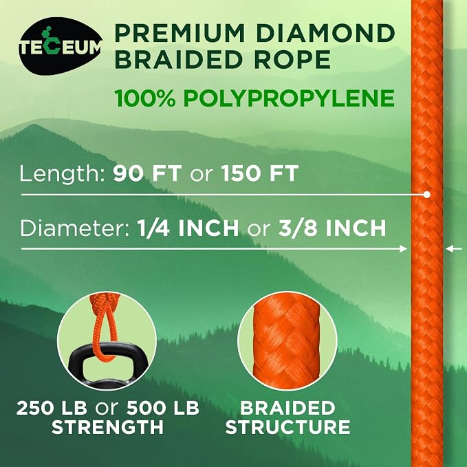 TECEUM Rope – 90 Feet x 1/4 Inch – Orange – Strong All-Purpose Utility Rope – - Image 2