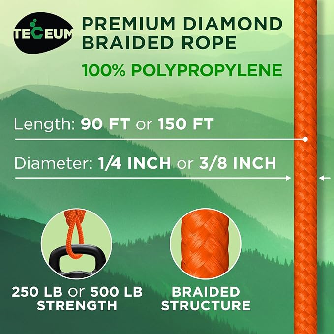 TECEUM Rope – 150 Feet x 1/4 Inch – Orange – Strong All-Purpose Utility Rope – - Image 2