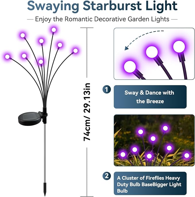 Slyuexu Solar Garden Lights Outdoor Waterproof, 2 Pack 16 LED Swaying Firefly - Image 2