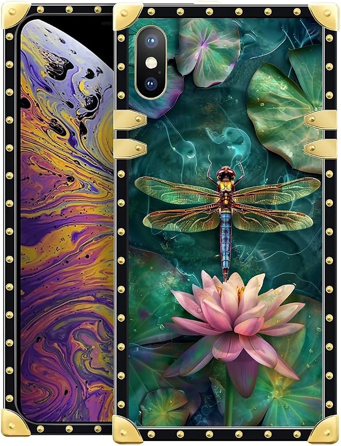 Compatible with iPhone Xs Max Case, Colourful Dragonfly Pink Lily Pads Luxury by Unknown