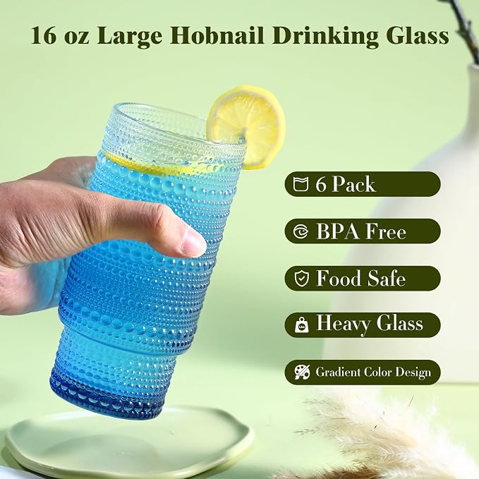 Large Capacity 16 oz Hobnail Drinking Glasses Set of 6, Vintage Glassware - Image 2