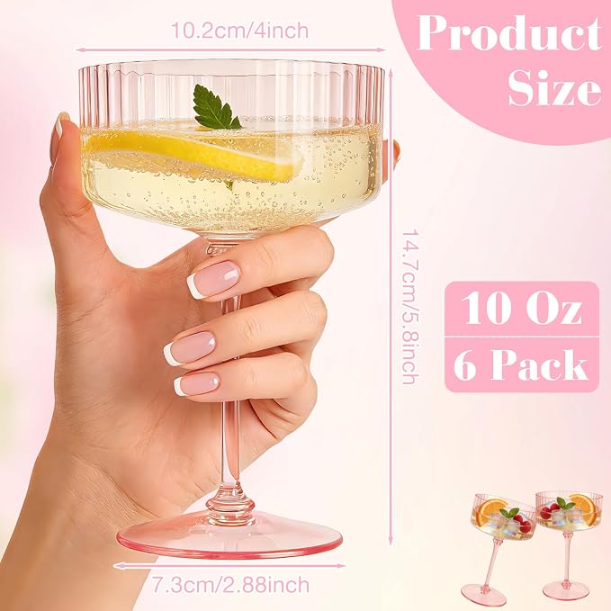 PLULON 6 Pcs Pink Champagne Martini Glasses Set 10 Oz Plastic Ribbed Coupe Cup - Image 3