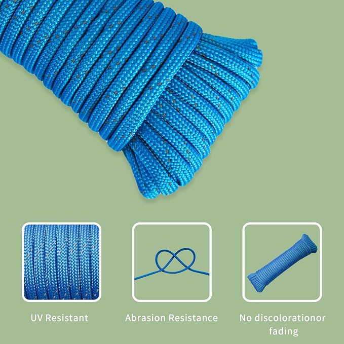 Paracord Rope, Reflective III Parachute Cord 7 Strand Core 550lb, 50ft Blue - Image 4