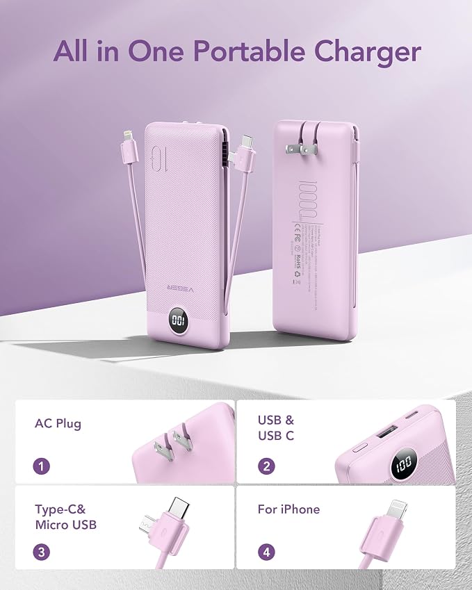 VEGER Portable Charger with Built-in AC Plug and Cables, All in One 10000mAh - Image 2